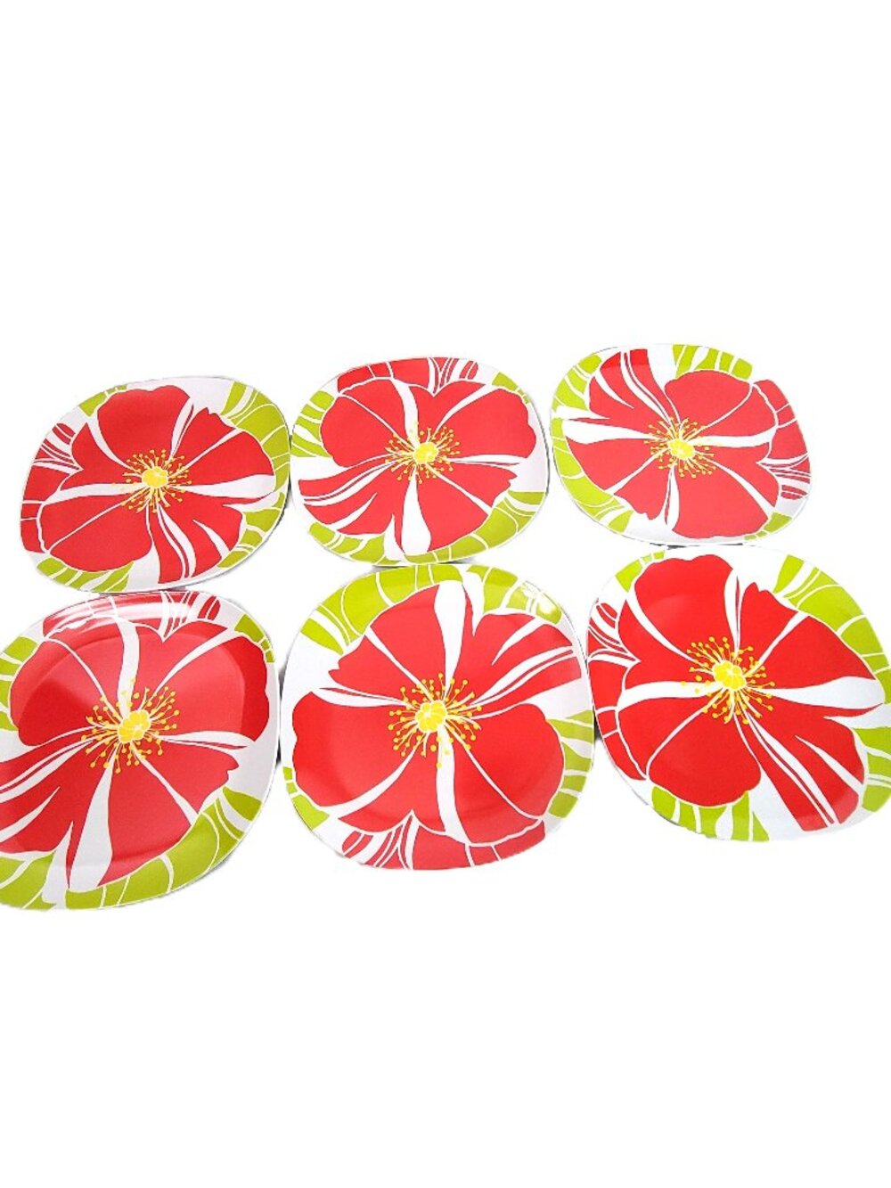 Set of 6 Target Summer 2011 Melamine Dinner Plates Red Hibiscus Floral 10.5"